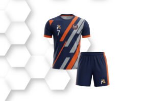 Navy blue and orange soccer uniform set with short-sleeve jersey and matching shorts, designed for team performance and comfort.