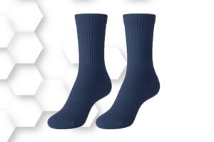 Navy blue athletic socks with ribbed design, breathable cotton-blend fabric, and cushioned sole for training, running, and everyday wear.
