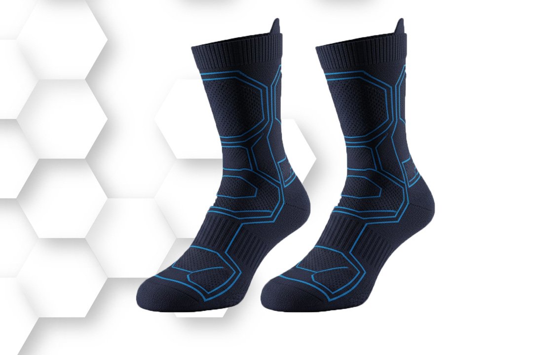 Black and blue athletic performance socks with breathable mesh design and cushioned sole for running, training, and everyday wear.