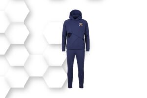 Navy blue hooded tracksuit with zip-up jacket and slim-fit pants, made from breathable stretch fabric for gym, running, and activewear.