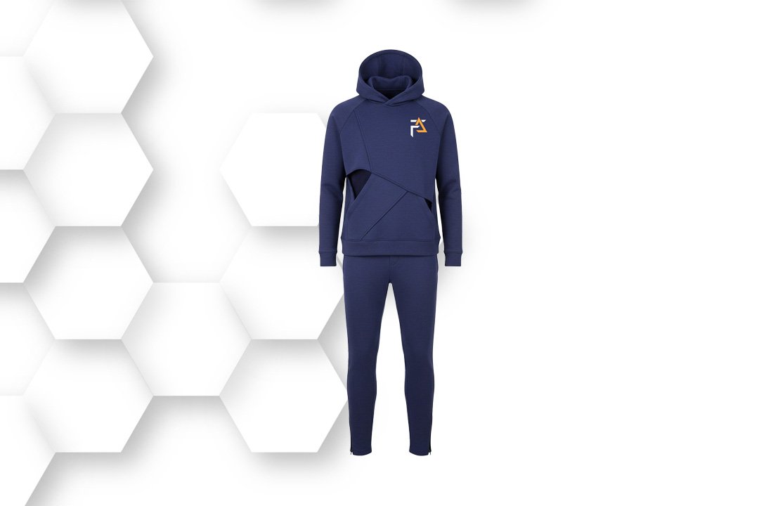Navy blue hooded tracksuit with zip-up jacket and slim-fit pants, made from breathable stretch fabric for gym, running, and activewear.