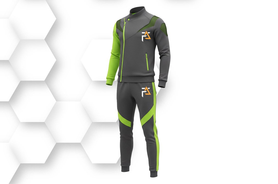 Gray and neon green men’s tracksuit with zip-up jacket and matching pants, made from lightweight stretch fabric for training and athletic wear.