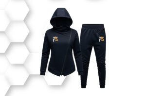 Black hooded tracksuit with zip-up jacket and slim-fit pants made from breathable stretch fabric for gym, training, and casual activewear.