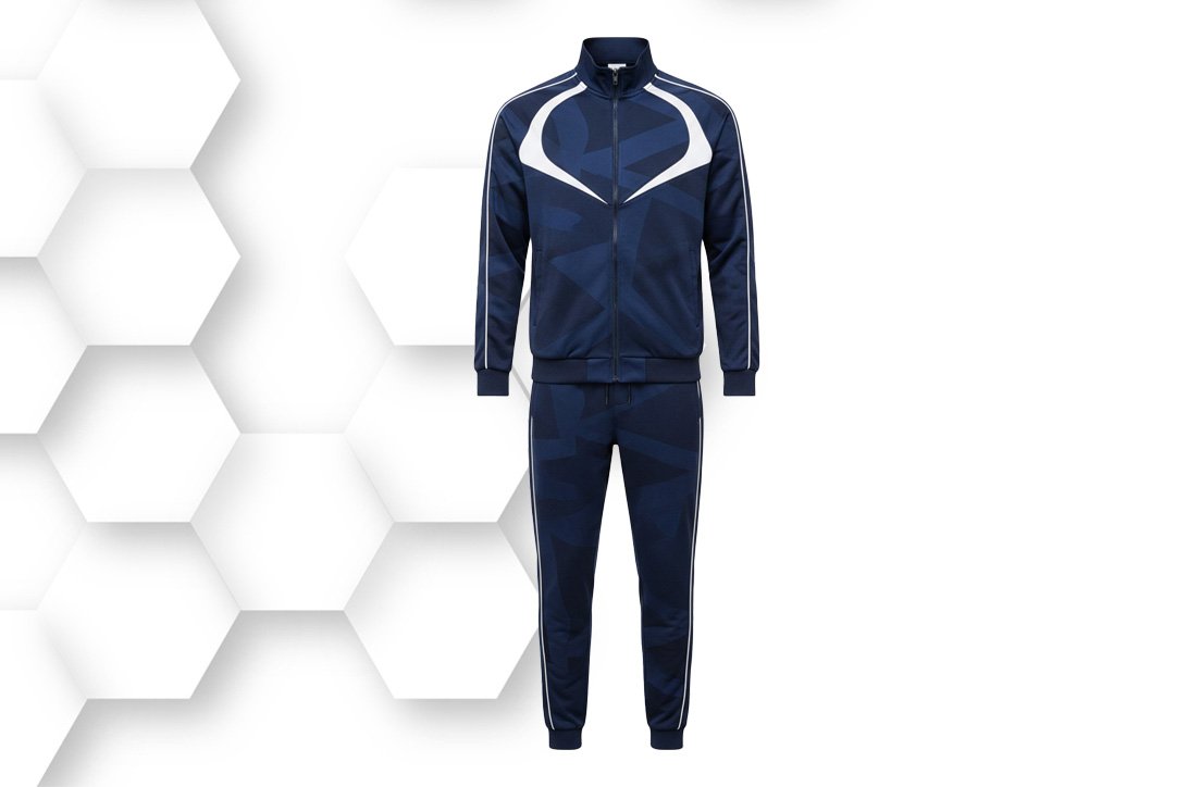 Navy blue athletic tracksuit mockup with white stripe design on a clean hexagonal background.