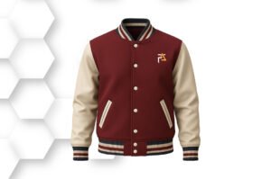 Maroon varsity jacket with beige sleeves and black striped cuffs, made from premium wool and faux leather for a classic letterman look.