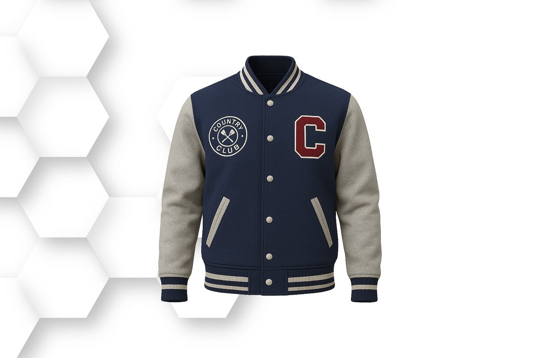Navy blue varsity jacket with beige sleeves, letter patch, and striped cuffs, designed for classic college and streetwear fashion.