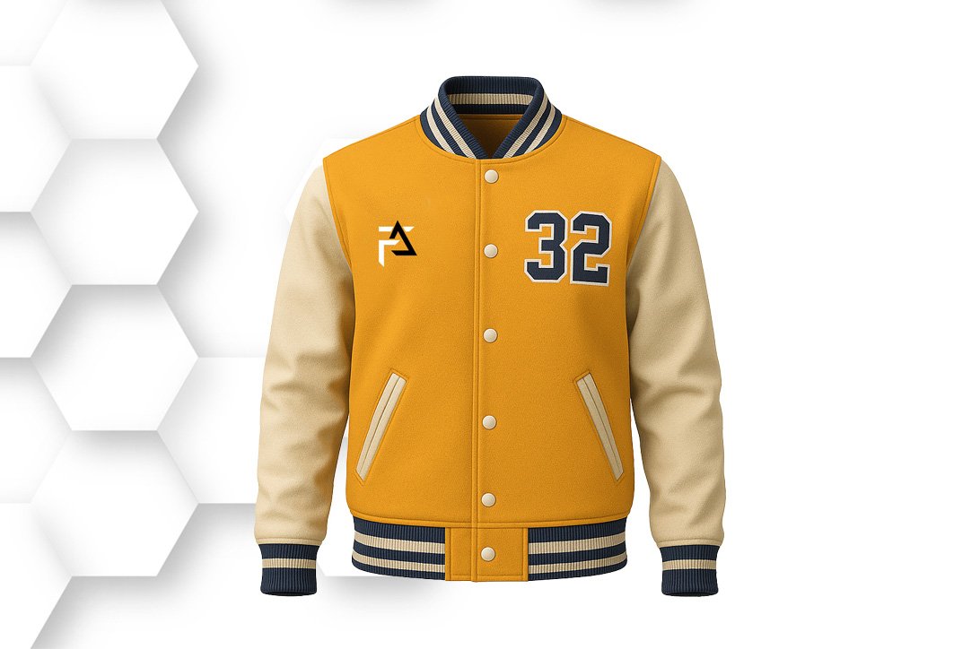 Yellow and beige varsity jacket with black striped collar, cuffs, and number patch design, made from premium wool and leather for classic streetwear style.