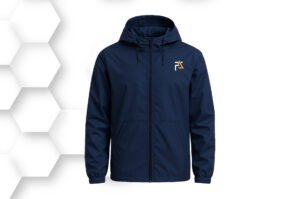 Dark navy hooded windbreaker jacket with zipper closure and lightweight waterproof fabric, designed for outdoor training and travel.