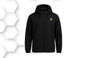 Black windbreaker jacket with hood and zipper front, made from lightweight waterproof fabric for outdoor sports, travel, and activewear.