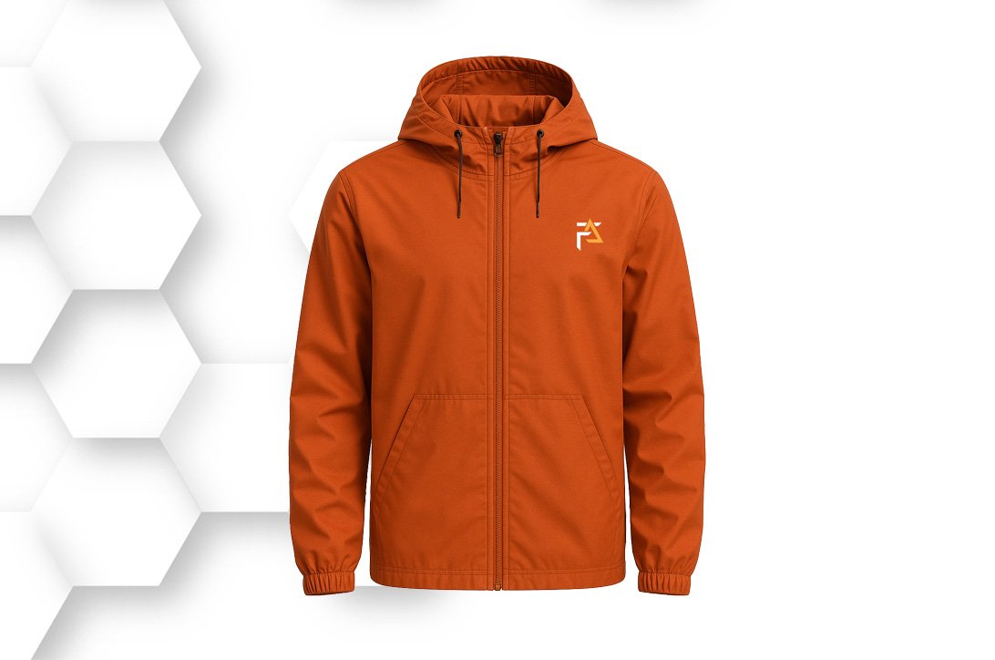 Orange windbreaker jacket with hood, zipper front, and lightweight waterproof fabric designed for outdoor sports, hiking, and travel.