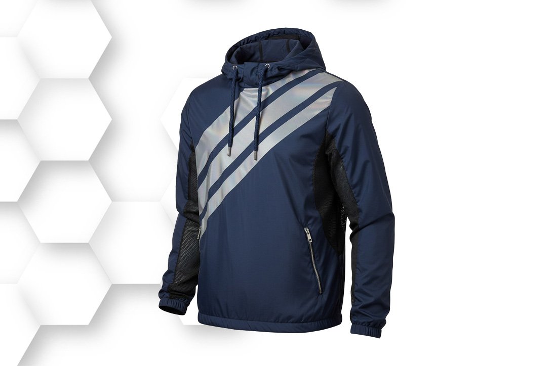 Navy blue windbreaker jacket with diagonal reflective stripes, hooded design, and lightweight waterproof fabric for outdoor sports and travel.