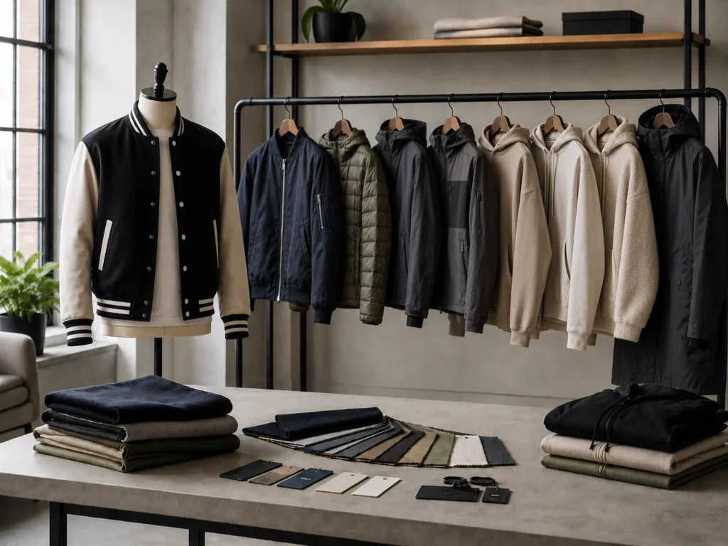 Modern showroom with jackets, hoodies, fabric swatches, labels, and outerwear samples for custom production