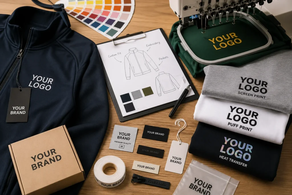 Custom outerwear private label services including embroidery, screen printing, labels, packaging, and fabric color matching
