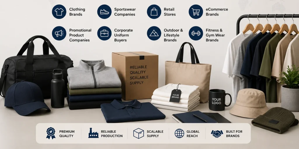 Custom apparel accessories manufacturer serving clothing brands, sportswear companies, retailers, and eCommerce businesses worldwide