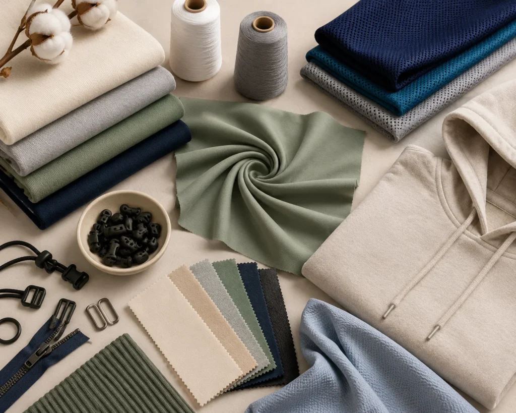 Premium fabrics and materials used for custom apparel basics and accessories manufacturing