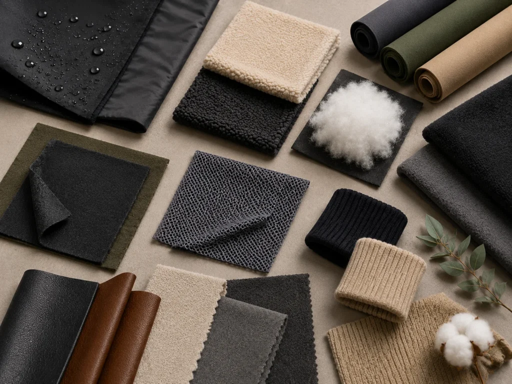 Premium fabric samples for outerwear and jackets including waterproof textiles, fleece, insulation, rib-knit cuffs, and mesh lining