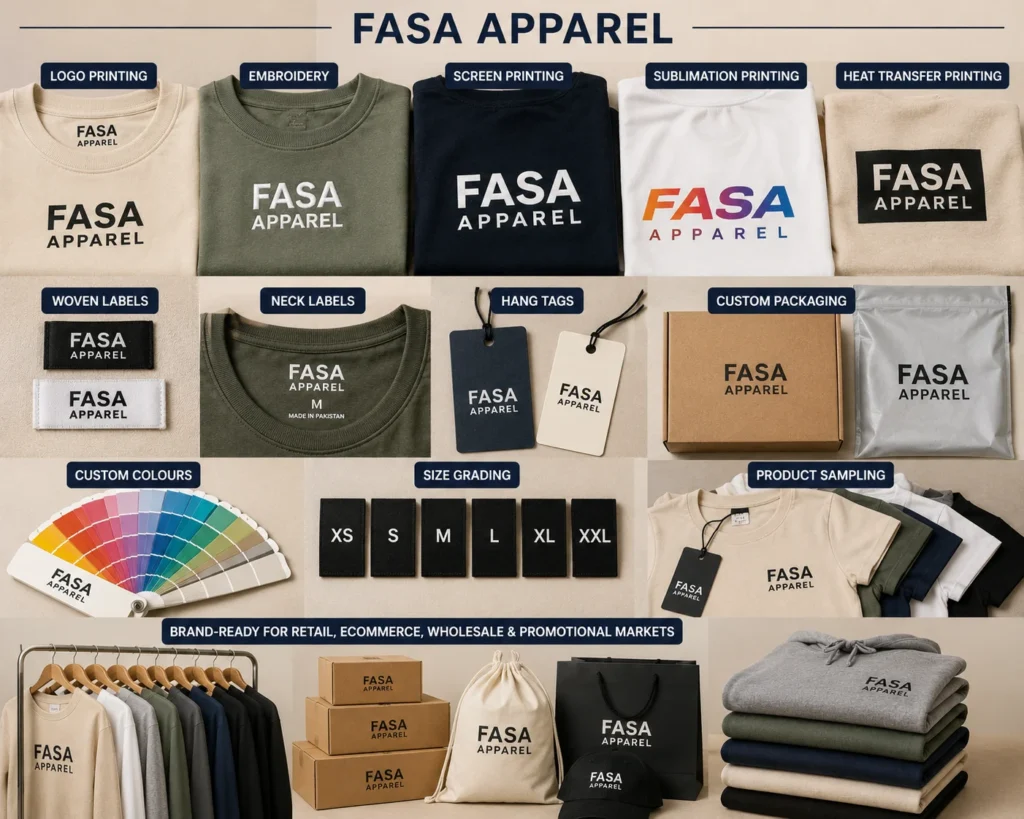 Private label customization options for custom apparel essentials including labels, packaging, printing, and embroidery