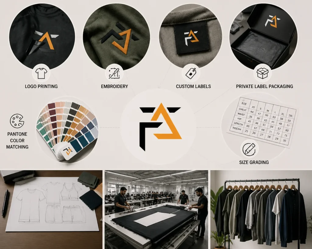 Custom fitness wear manufacturing options, including logo printing, custom labels, and private label packaging for fitness brands.