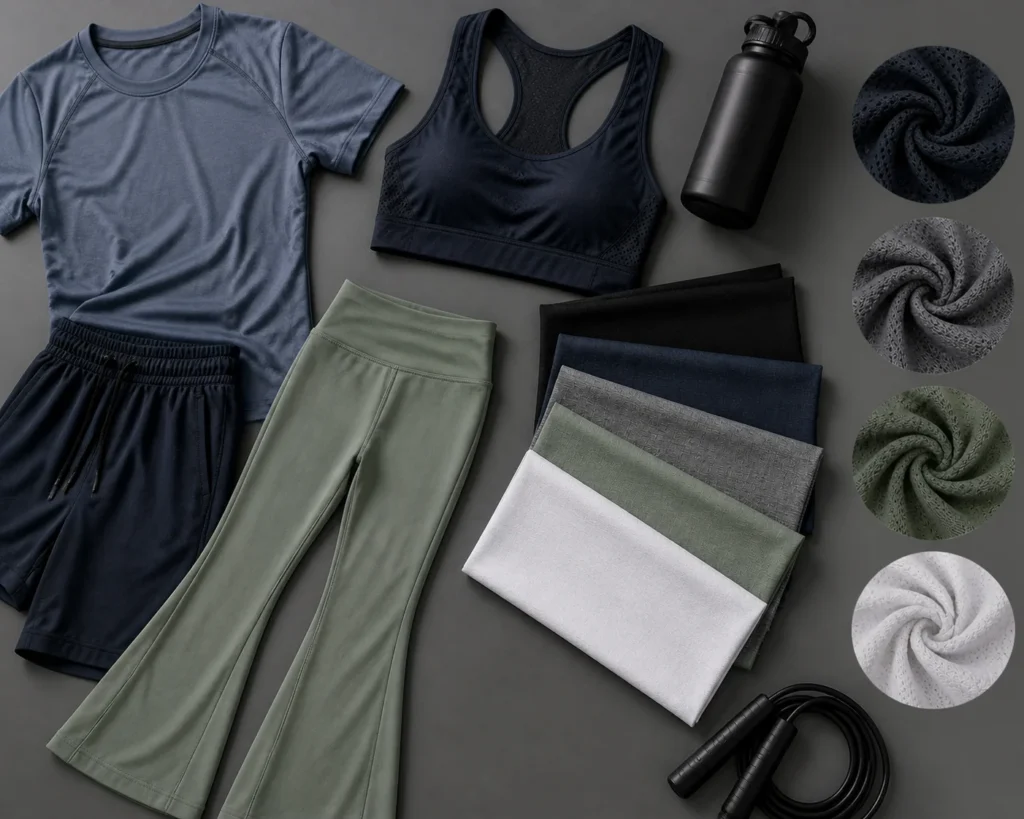 High-performance materials used in custom fitness wear, including polyester blends, nylon-spandex, and breathable fabrics.