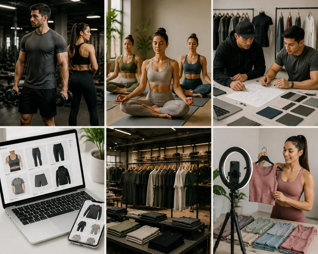 Industries served by custom fitness wear manufacturers, including gym brands, yoga studios, and online apparel stores.